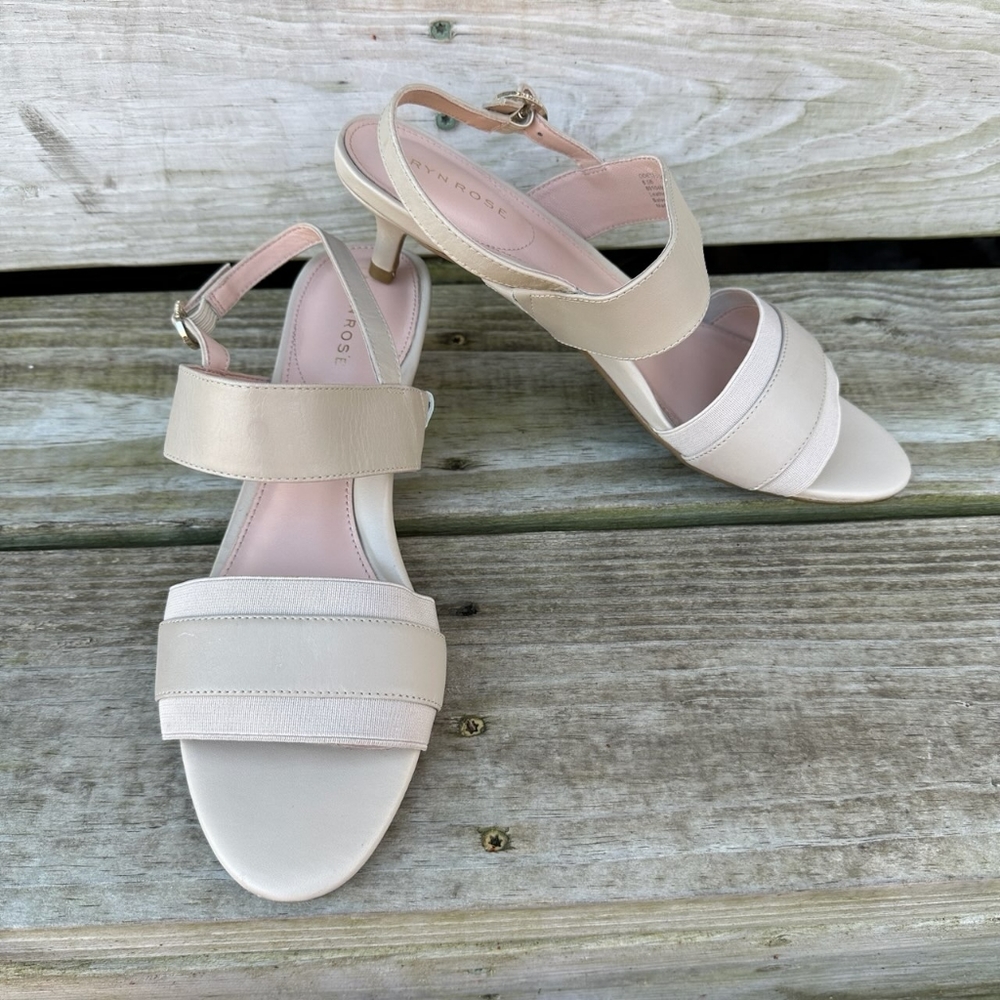 Taryn Rose Leather Sandals Kitten Heel Odette Buckle Nude  Tan Ceramic 8.5